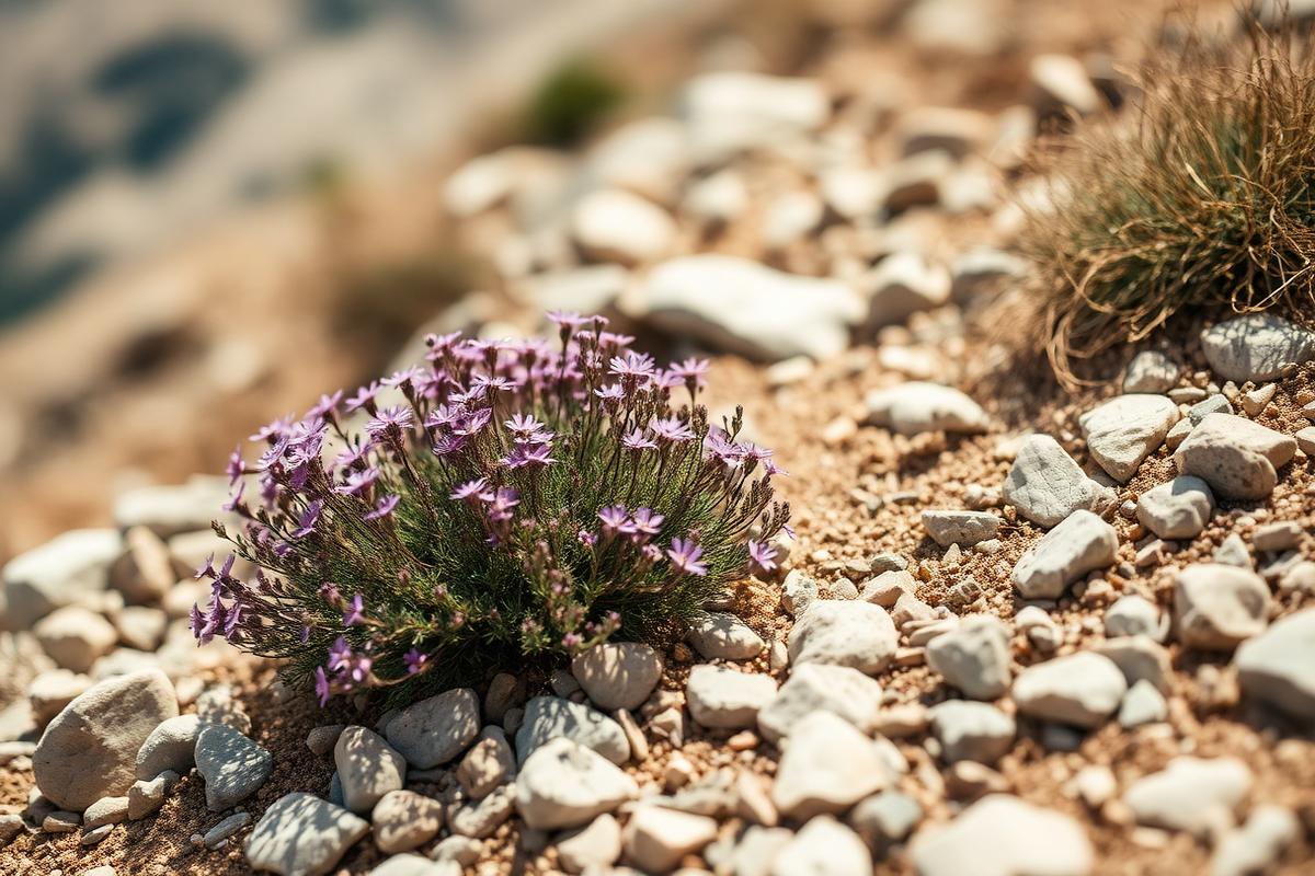 Wild thyme in flower on a dry, stony hillside.